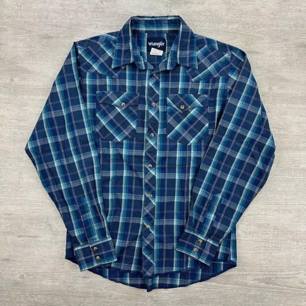 Wrangler Pearl Snap Shirt Youth XL Blue Plaid Western Brushpopper Long Sleeve